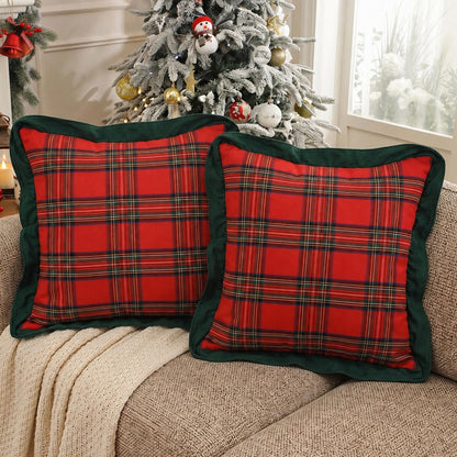 Ruffled Christmas Plaid Pillow Covers, Set of 2 — Red Plaid Green Edge