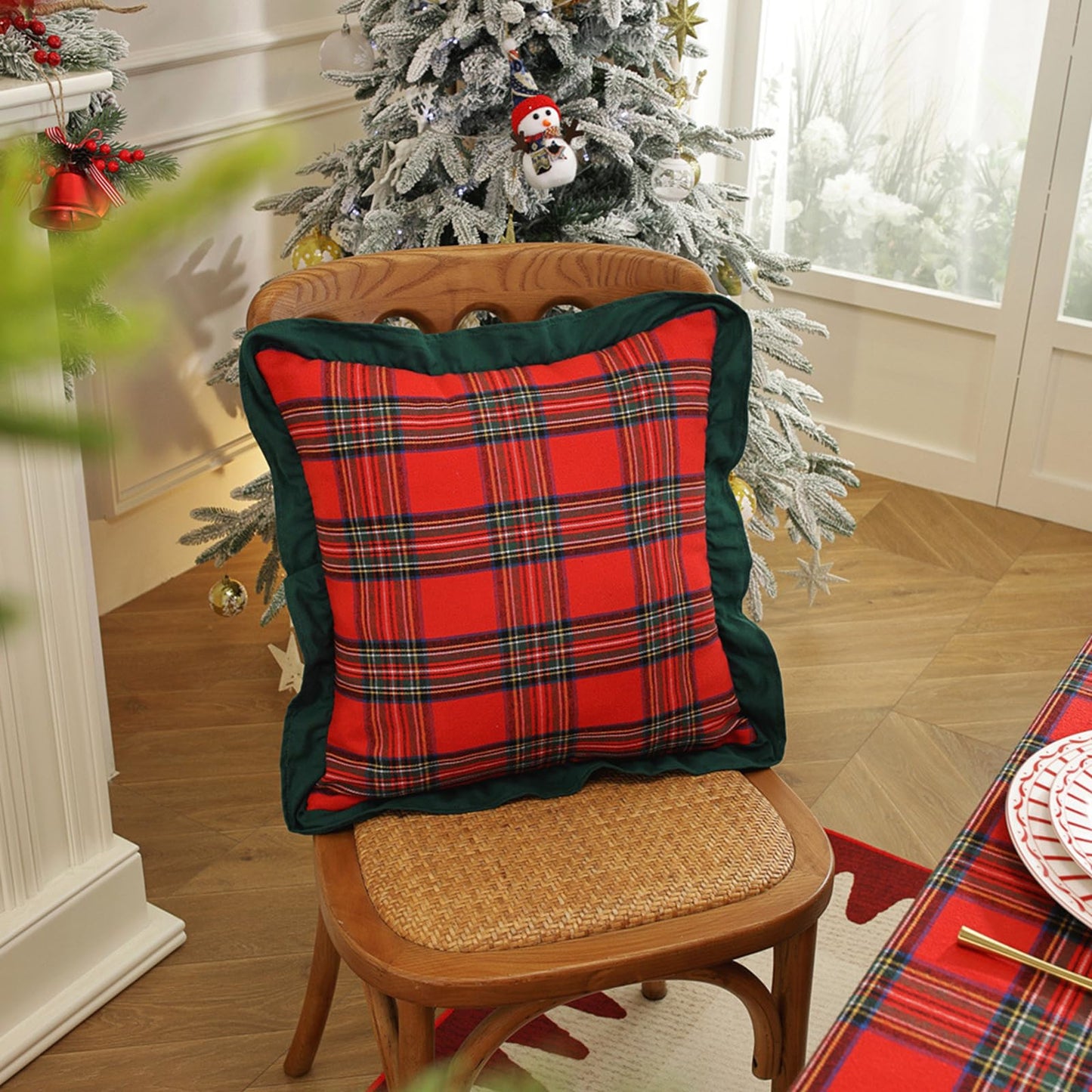 Ruffled Christmas Plaid Pillow Covers, Set of 2 — Red Plaid Green Edge