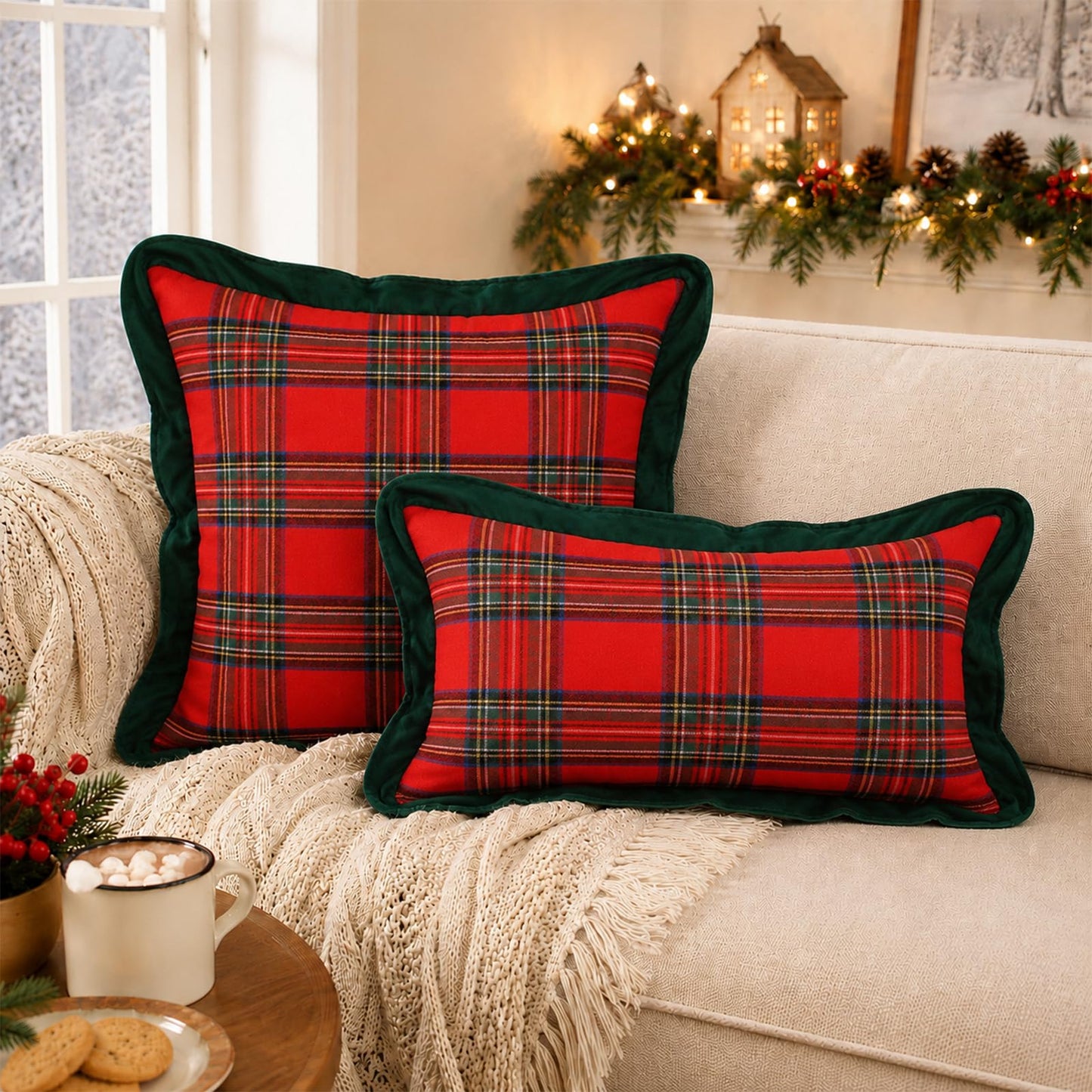 Ruffled Christmas Plaid Pillow Covers, Set of 2 — Red Plaid Green Edge