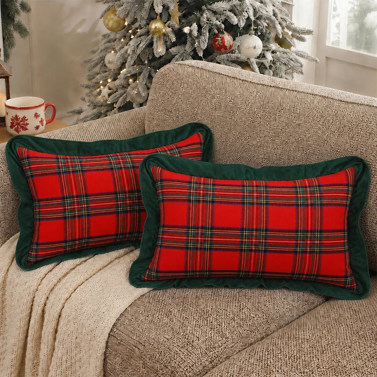 Ruffled Christmas Plaid Pillow Covers, Set of 2 — Red Plaid Green Edge