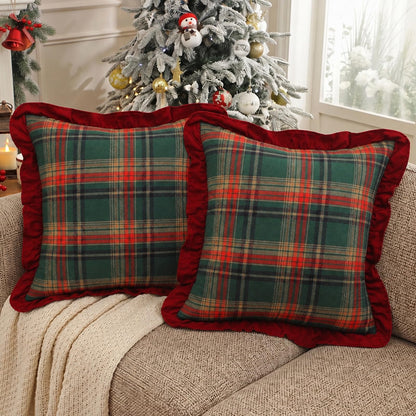 Ruffled Christmas Plaid Pillow Covers, Set of 2 — Green Red Plaid Red Edge