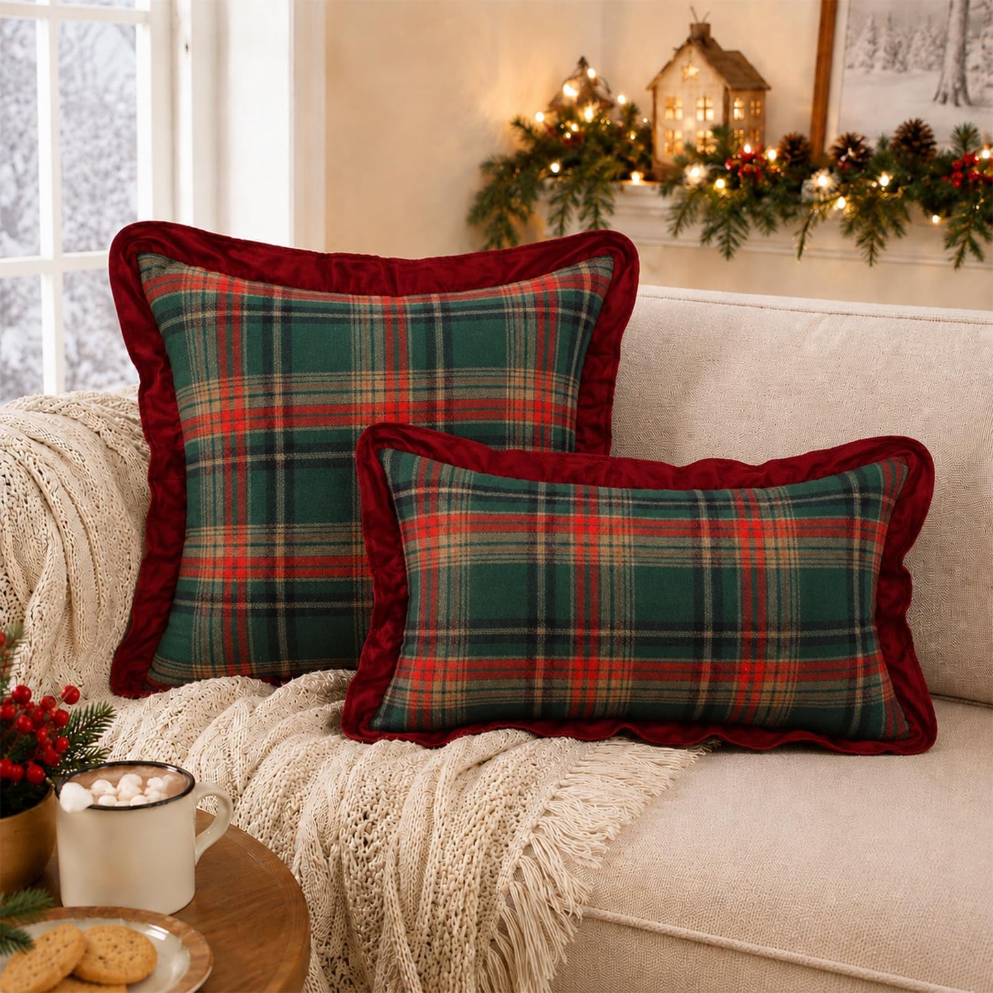 Ruffled Christmas Plaid Pillow Covers, Set of 2 — Green Red Plaid Red Edge