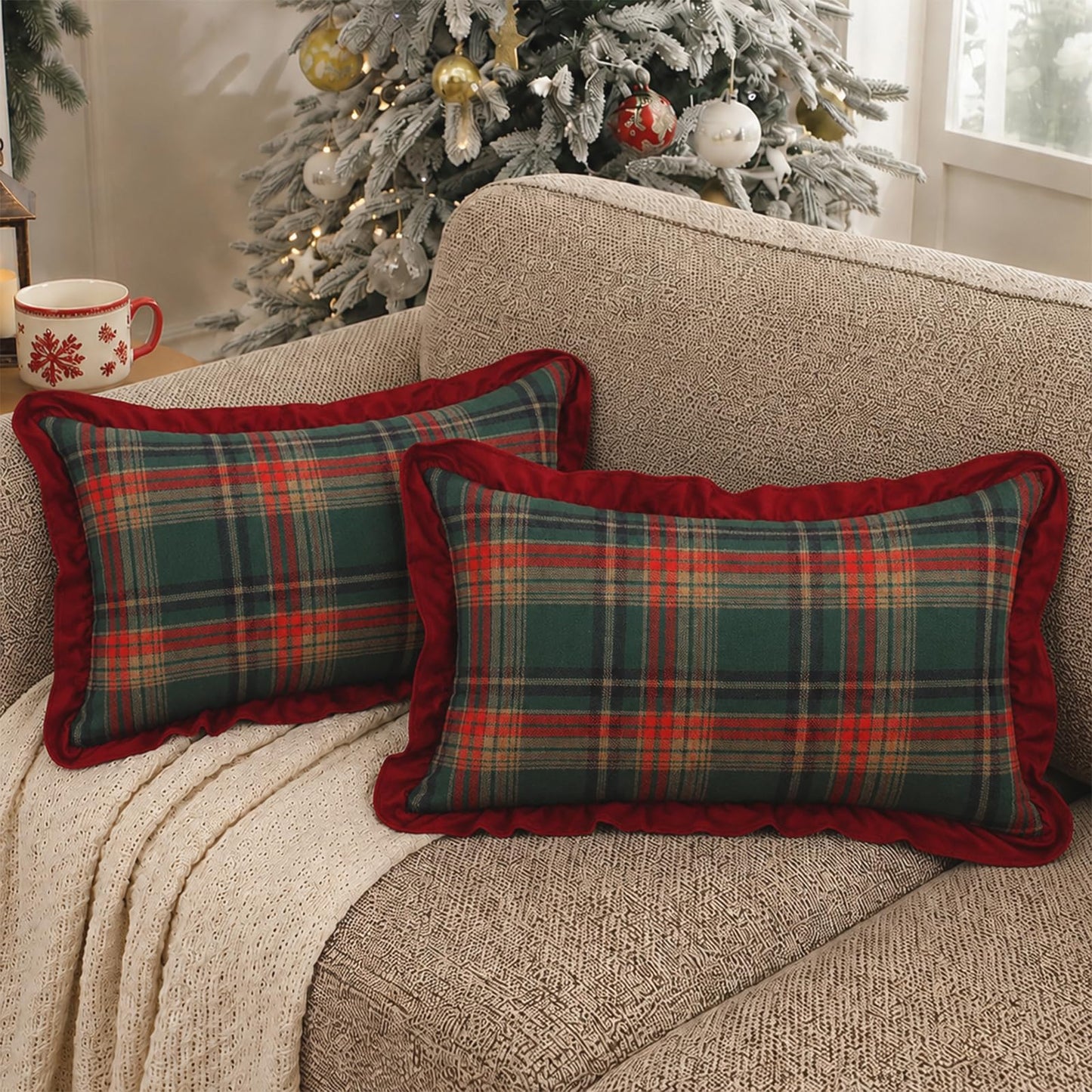 Ruffled Christmas Plaid Pillow Covers, Set of 2 — Green Red Plaid Red Edge