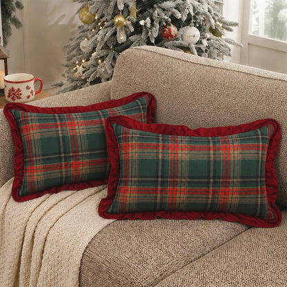 Ruffled Christmas Plaid Pillow Covers, Set of 2 — Green Red Plaid Red Edge