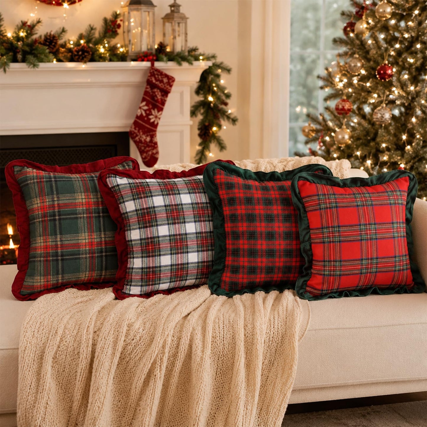 Ruffled Christmas Plaid Pillow Covers, Set of 2 — Green Red Plaid Red Edge