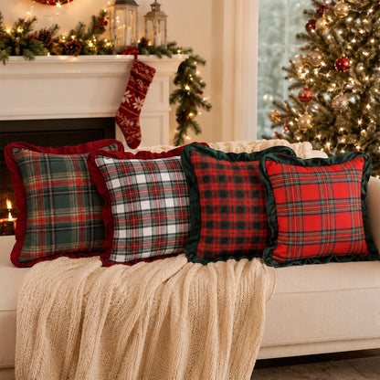 Ruffled Christmas Plaid Pillow Covers, Set of 2 — Green Red Plaid Red Edge