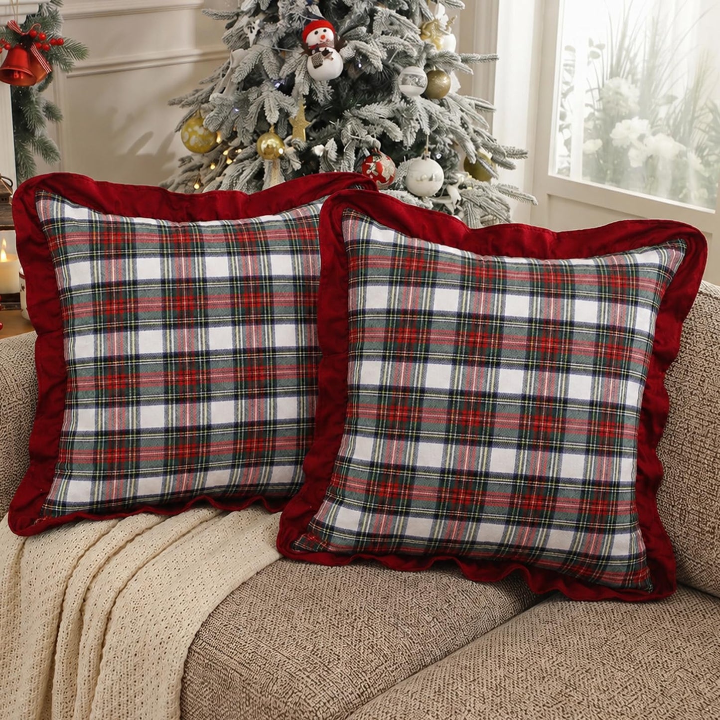 Ruffled Christmas Plaid Pillow Covers, Set of 2 — White Red Green Plaid Red Edge