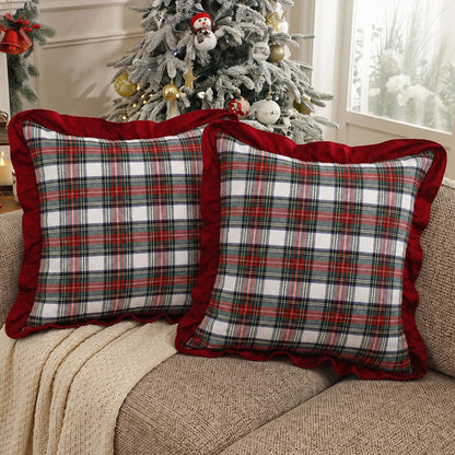 Ruffled Christmas Plaid Pillow Covers, Set of 2 — White Red Green Plaid Red Edge