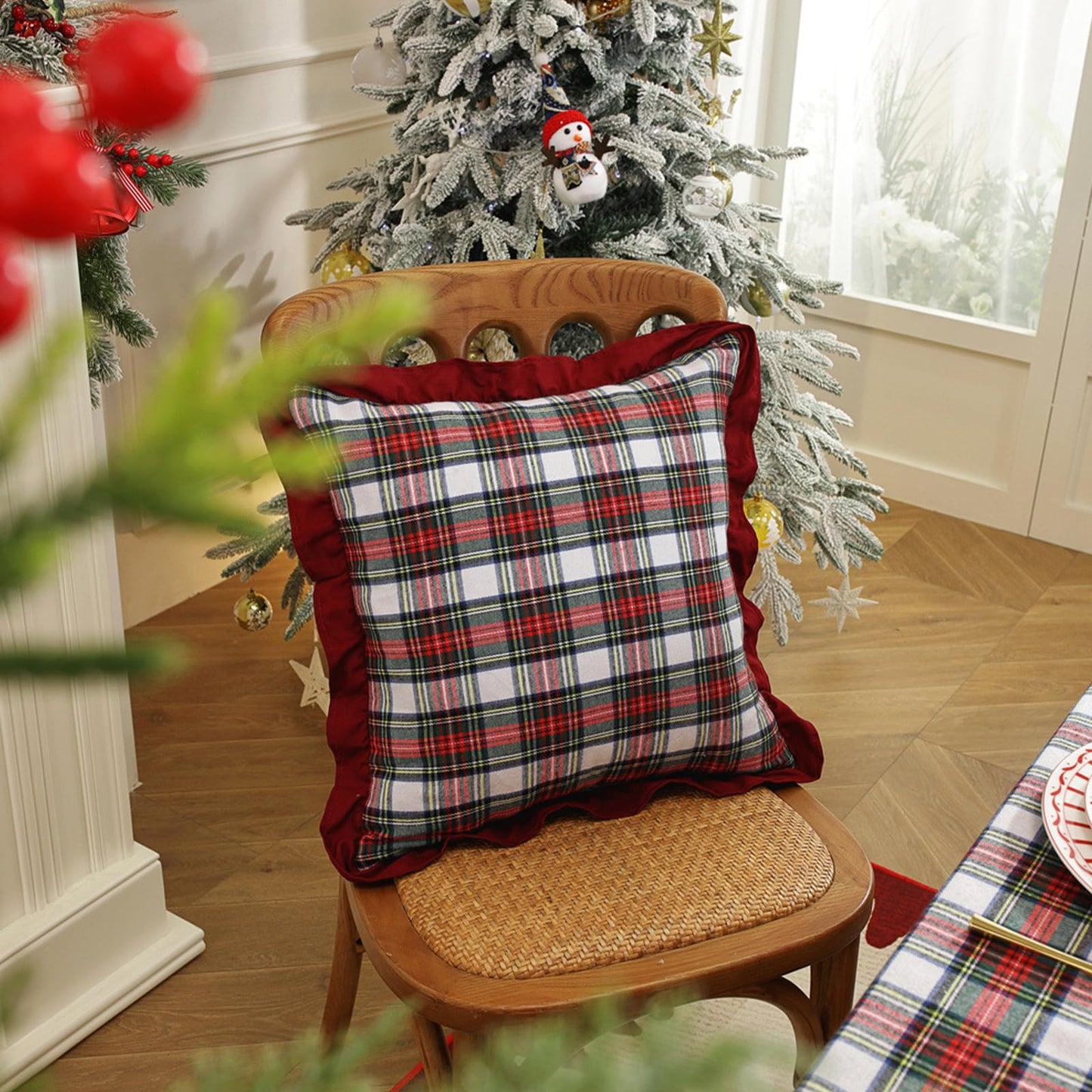 Ruffled Christmas Plaid Pillow Covers, Set of 2 — White Red Green Plaid Red Edge