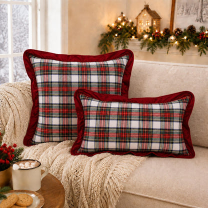 Ruffled Christmas Plaid Pillow Covers, Set of 2 — White Red Green Plaid Red Edge