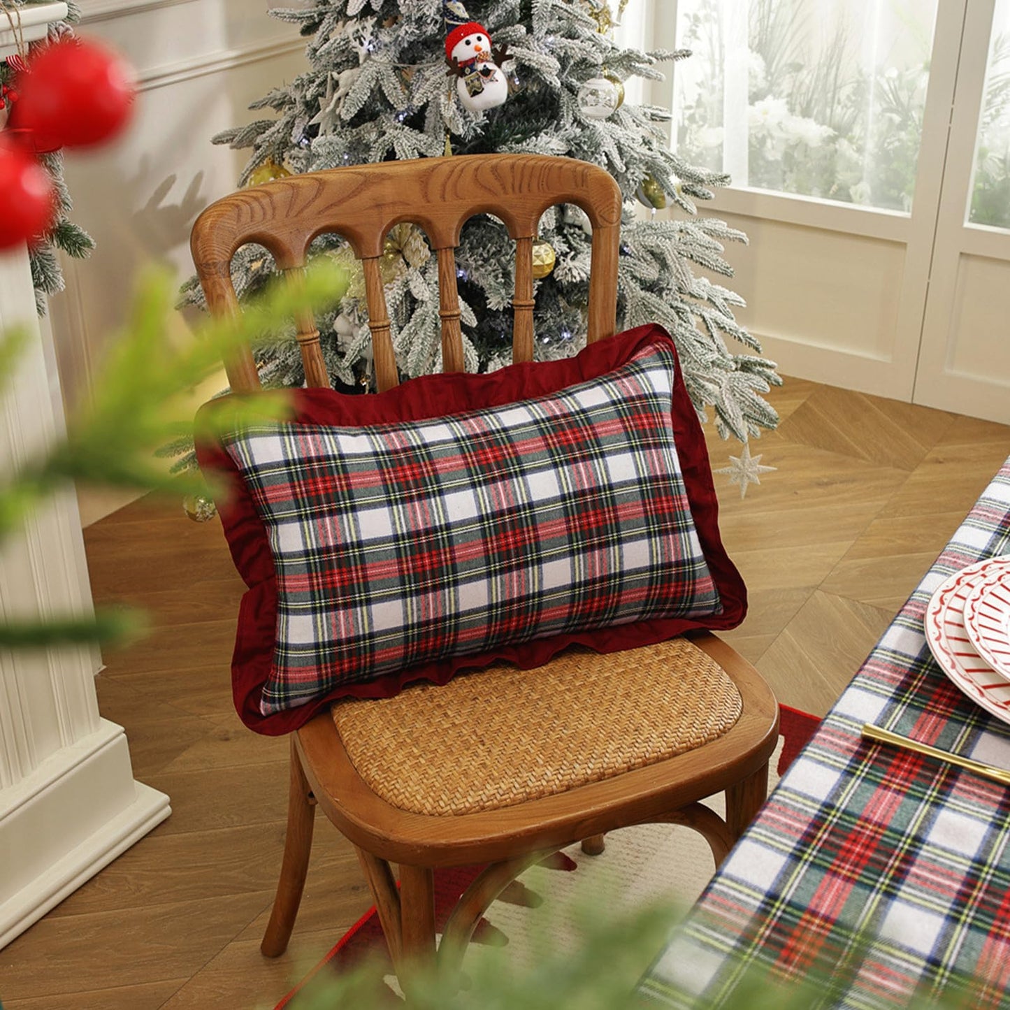 Ruffled Christmas Plaid Pillow Covers, Set of 2 — White Red Green Plaid Red Edge