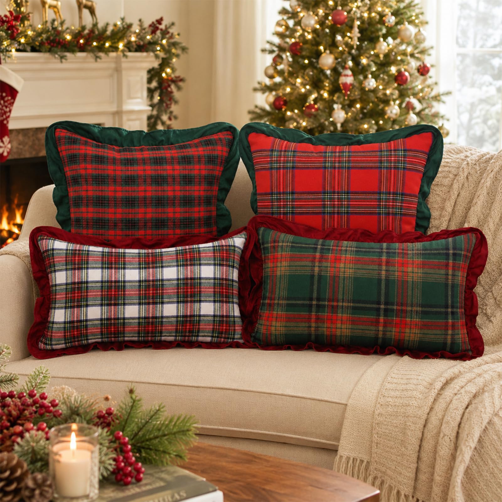 Ruffled Christmas Plaid Pillow Covers, Set of 2 — White Red Green Plaid Red Edge