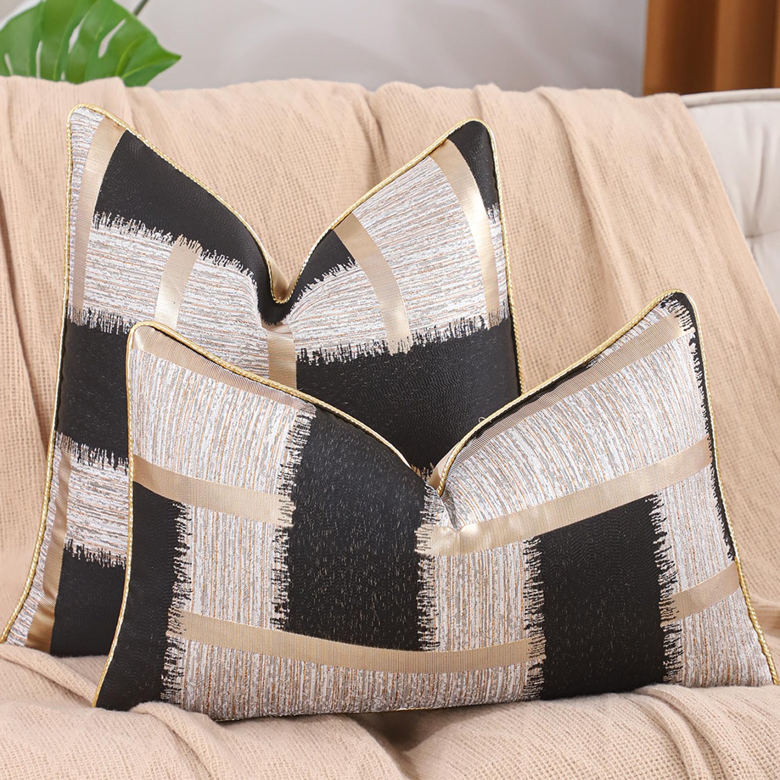 Geometric Jacquard Pillow Covers, Set of 2 — Black Jacquard