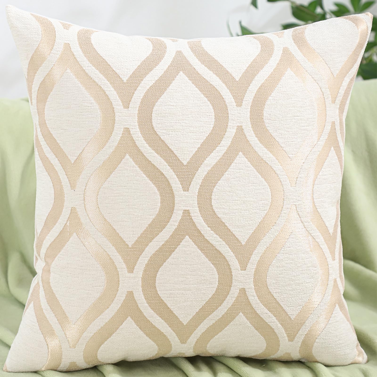 Chenille Jacquard Pillow Covers, Set of 2 — Ogee Wave Ivory Gold