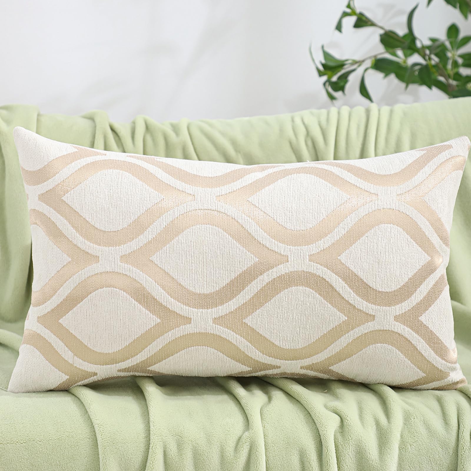 Chenille Jacquard Pillow Covers, Set of 2 — Ogee Wave Ivory Gold