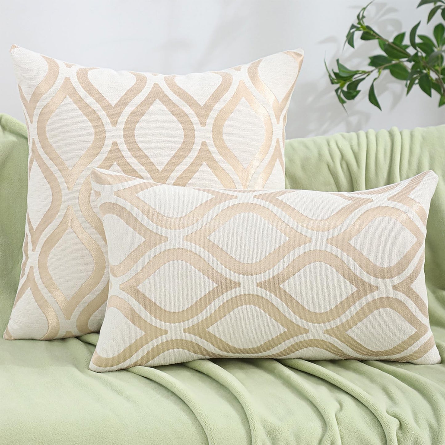 Chenille Jacquard Pillow Covers, Set of 2 — Ogee Wave Ivory Gold