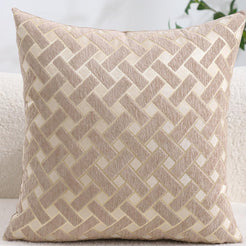 Chenille jacquard polyester pillow cover with taupe basket-weave geometry, shown upright on a neutral background