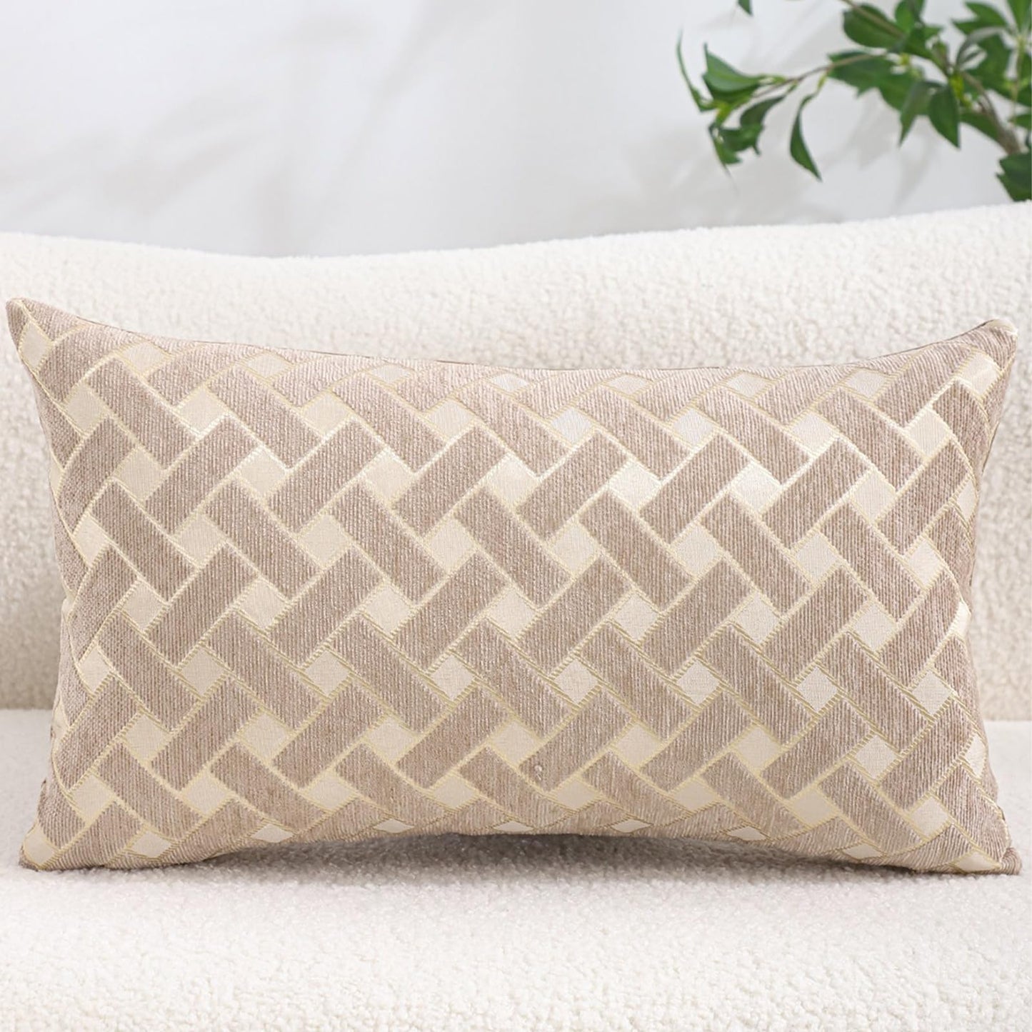 Chenille Jacquard Pillow Covers, Set of 2 — Herringbone Oatmeal Taupe