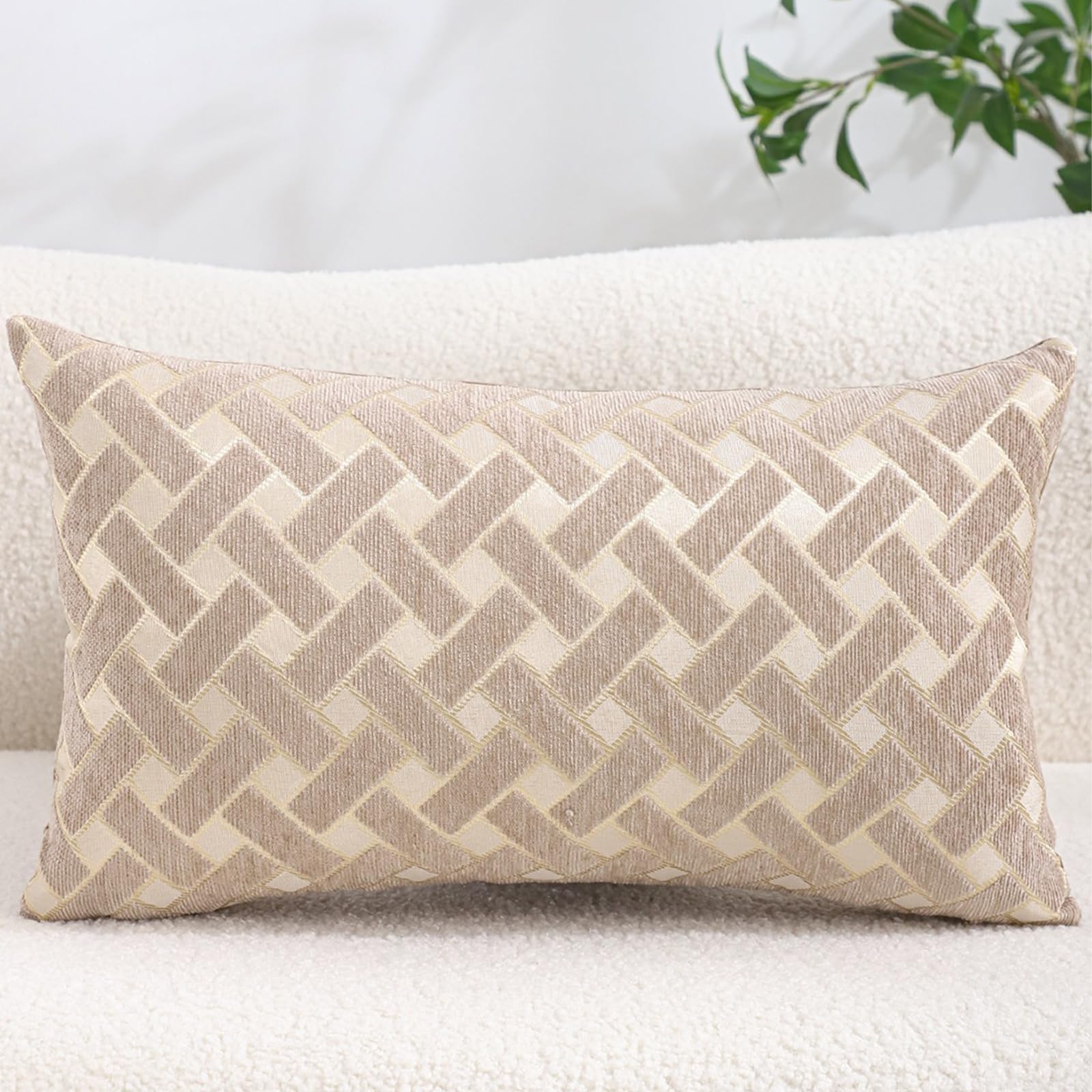 Chenille Jacquard Pillow Covers, Set of 2 — Herringbone Oatmeal Taupe