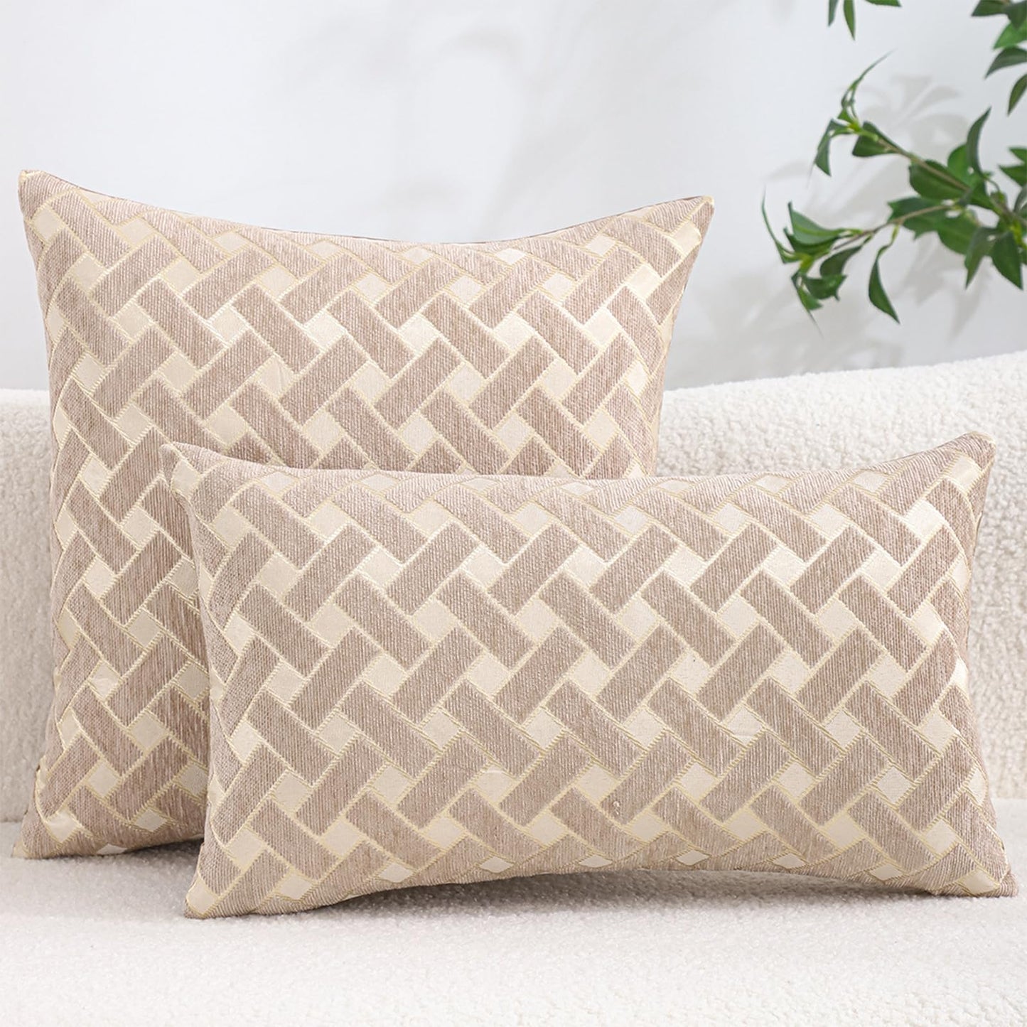 Chenille Jacquard Pillow Covers, Set of 2 — Herringbone Oatmeal Taupe