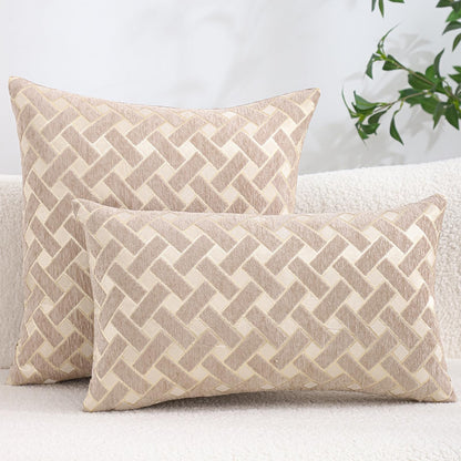 Chenille Jacquard Pillow Covers, Set of 2 — Herringbone Oatmeal Taupe