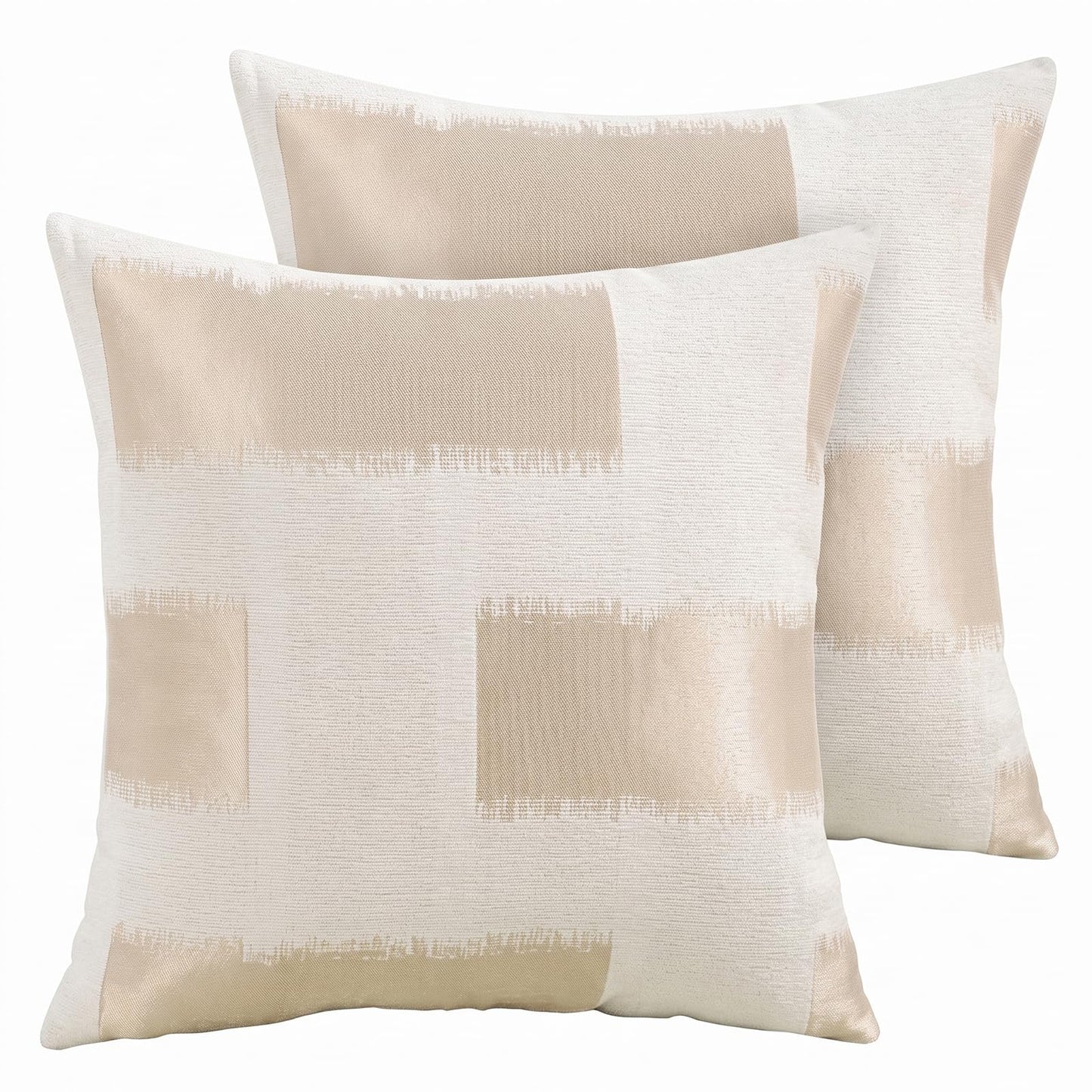 Chenille Jacquard Pillow Covers, Set of 2 — Abstract Block Beige Gold