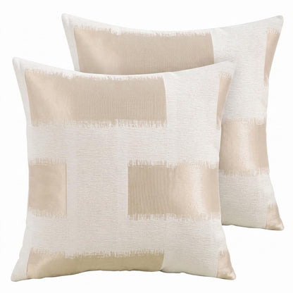 Chenille Jacquard Pillow Covers, Set of 2 — Abstract Block Beige Gold