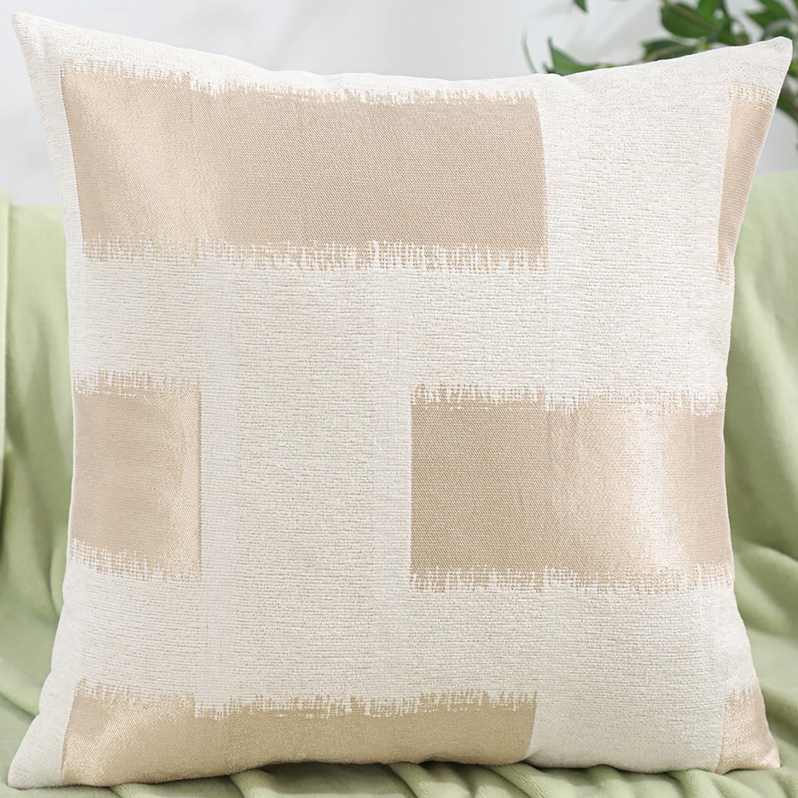 Chenille Jacquard Pillow Covers, Set of 2 — Abstract Block Beige Gold