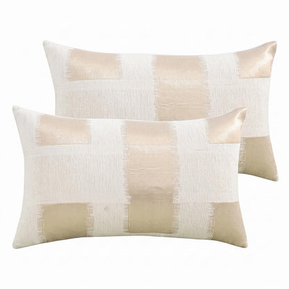 Chenille Jacquard Pillow Covers, Set of 2 — Abstract Block Beige Gold