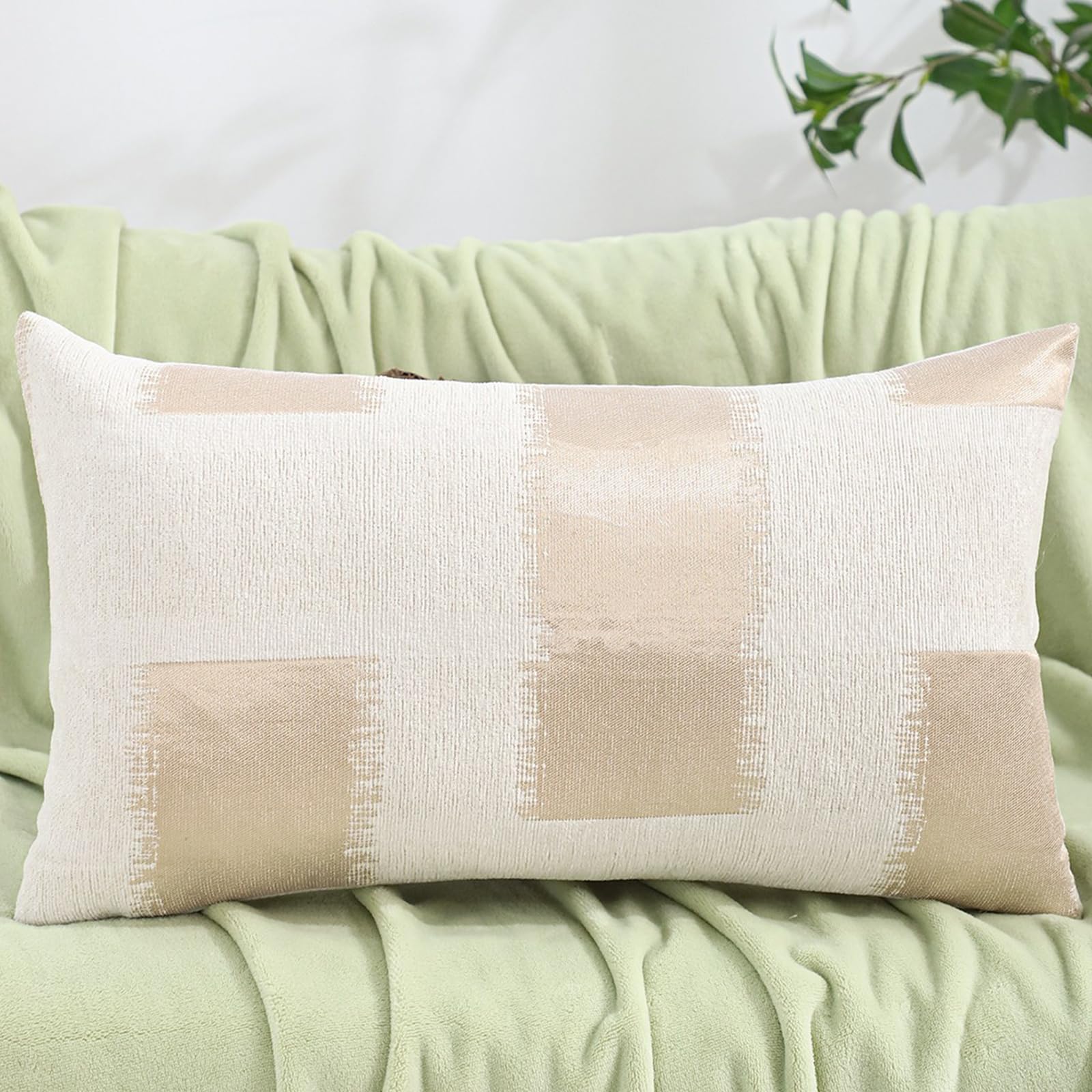 Chenille Jacquard Pillow Covers, Set of 2 — Abstract Block Beige Gold