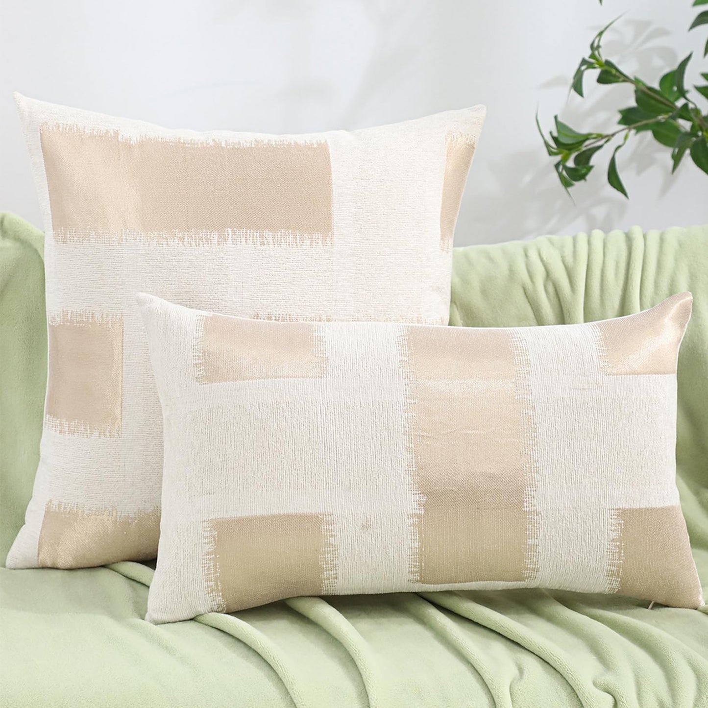 Chenille Jacquard Pillow Covers, Set of 2 — Abstract Block Beige Gold