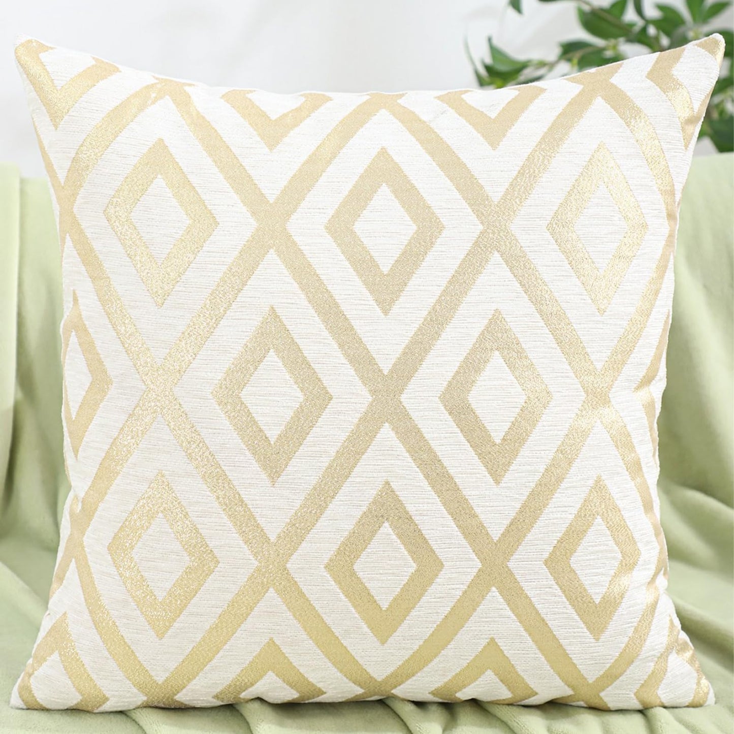 Chenille Jacquard Pillow Covers, Set of 2 — Diamond Ivory Gold