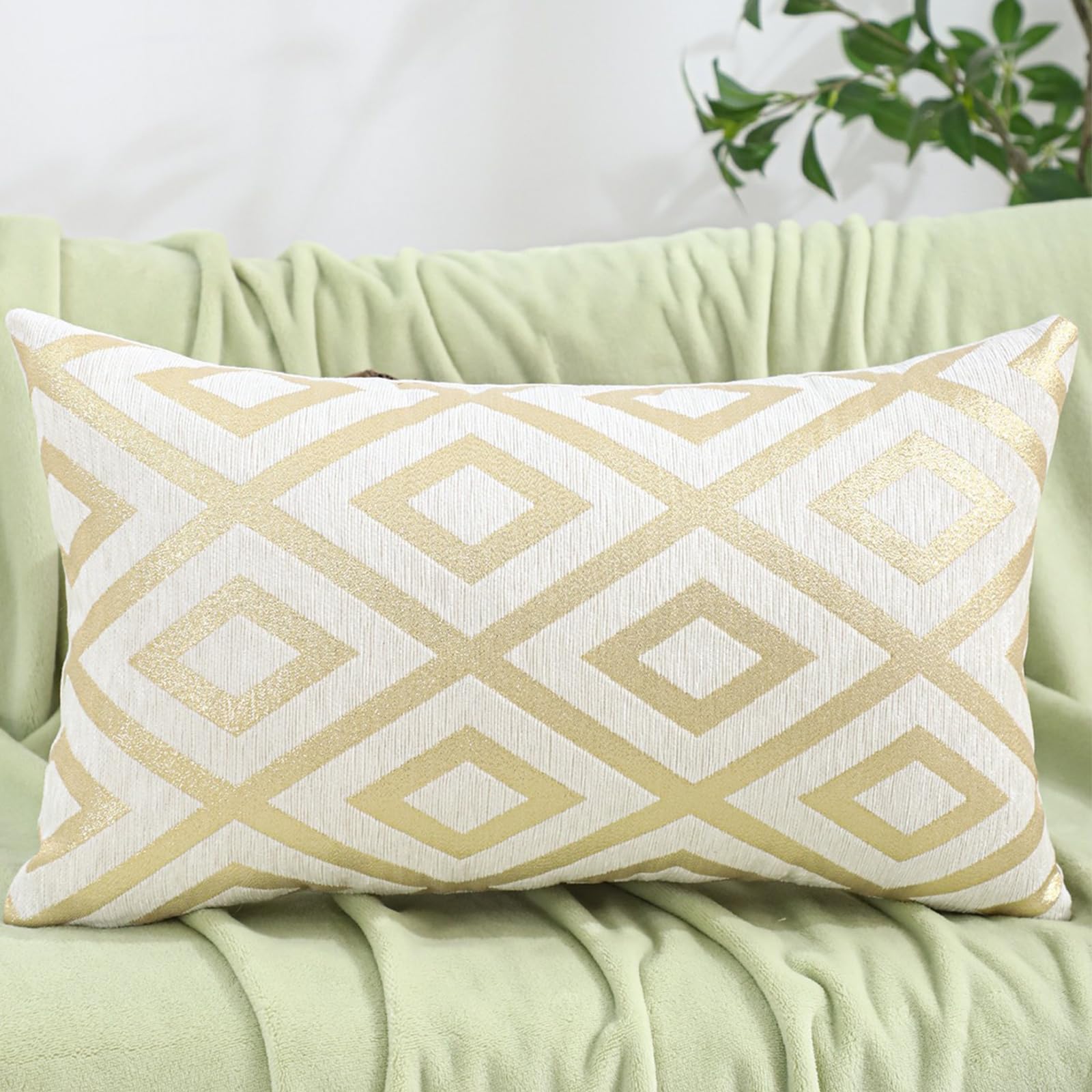 Chenille Jacquard Pillow Covers, Set of 2 — Diamond Ivory Gold