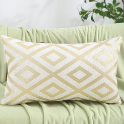 Chenille jacquard polyester pillow covers with gold diamond lattice, shown as a lumbar cover on a neutral sofa