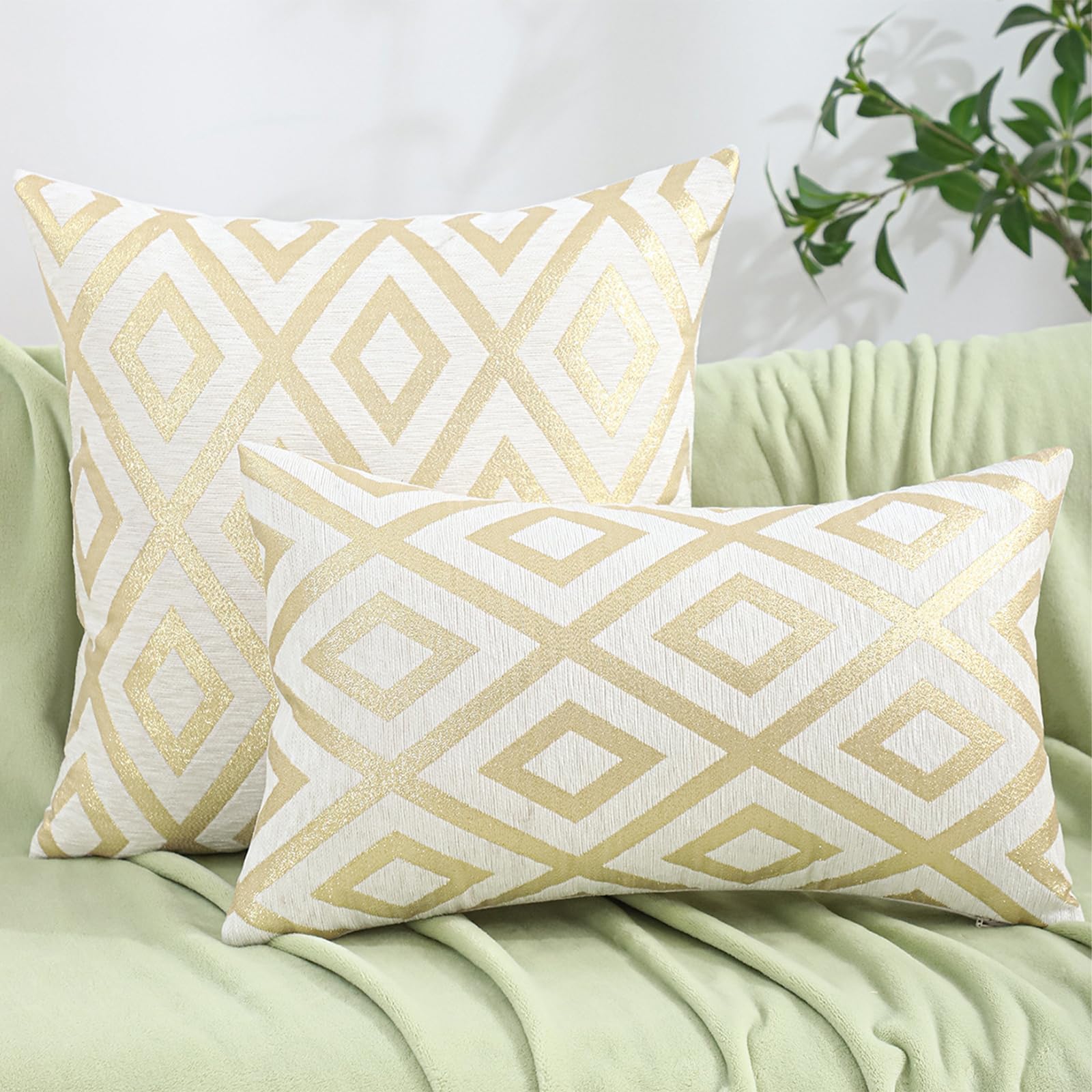 Chenille Jacquard Pillow Covers, Set of 2 — Diamond Ivory Gold