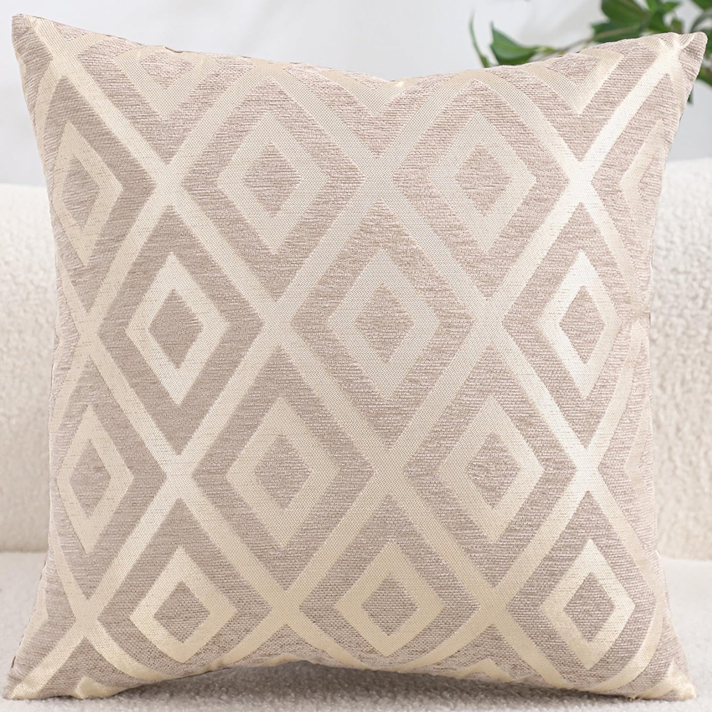 Chenille Jacquard Pillow Covers, Set of 2 — Diamond Taupe Beige
