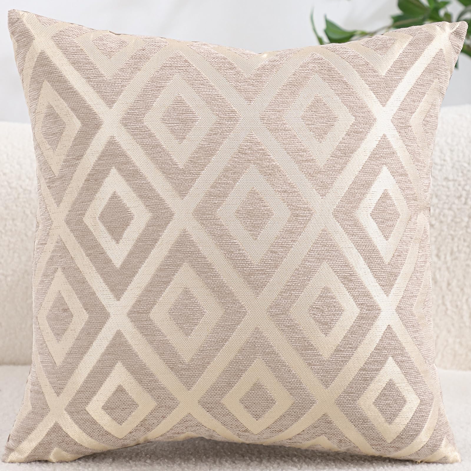 Chenille Jacquard Pillow Covers, Set of 2 — Diamond Taupe Beige