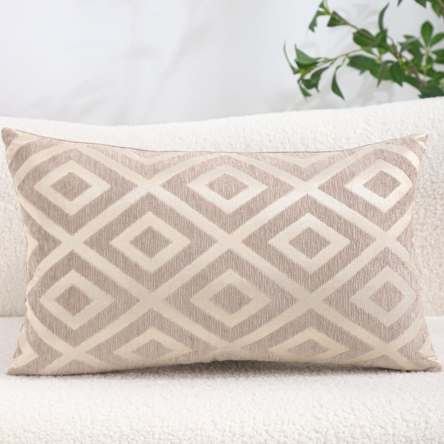 Chenille Jacquard Pillow Covers, Set of 2 — Diamond Taupe Beige