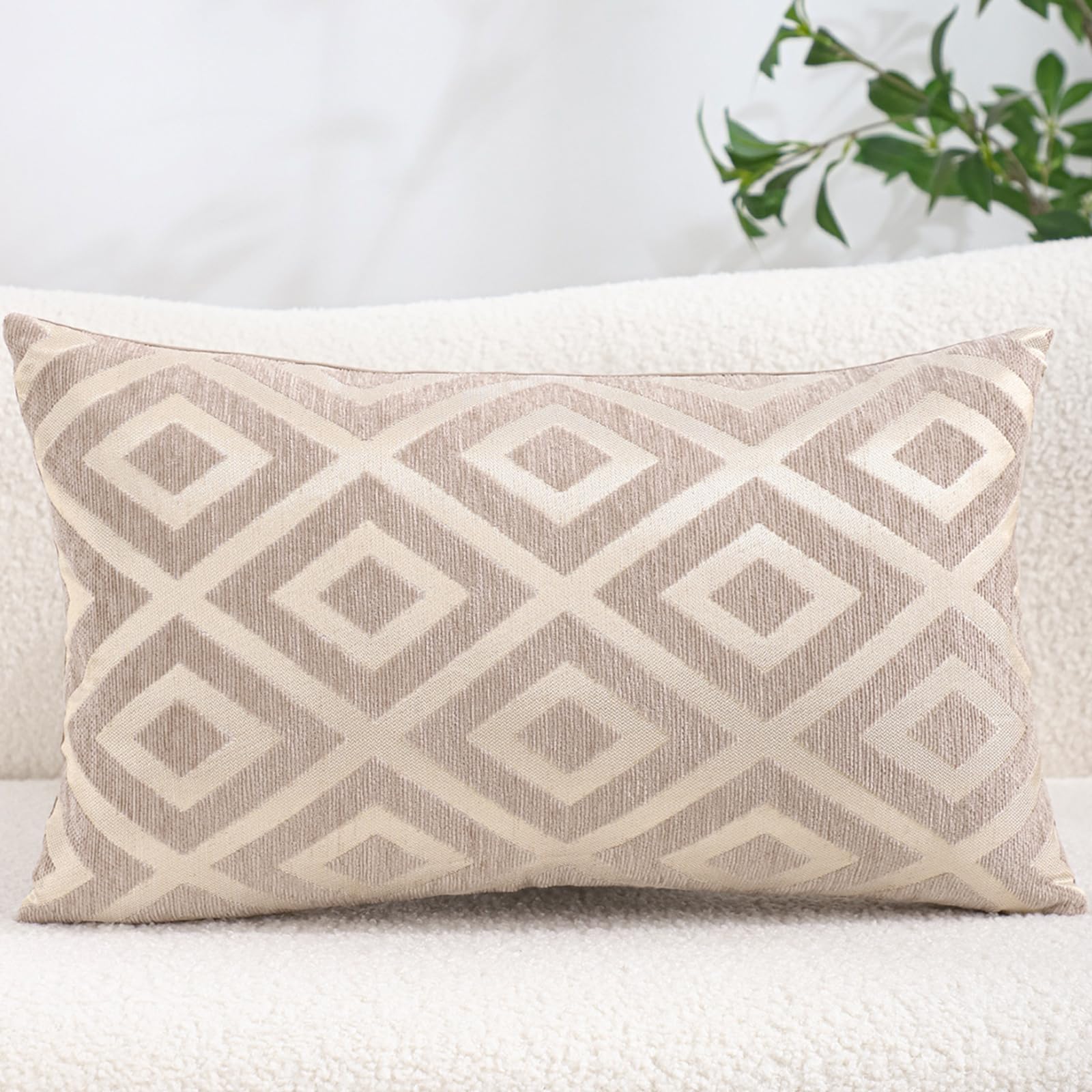 Chenille Jacquard Pillow Covers, Set of 2 — Diamond Taupe Beige