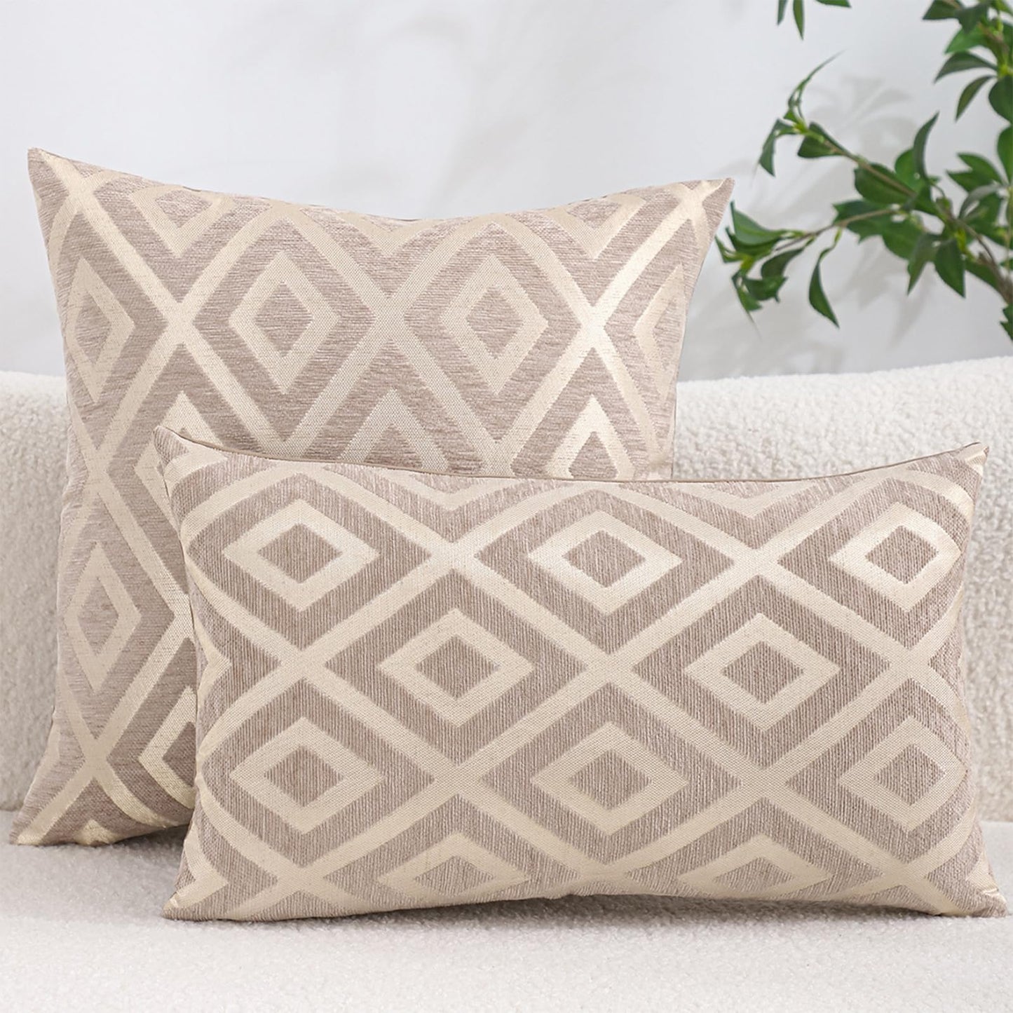Chenille Jacquard Pillow Covers, Set of 2 — Diamond Taupe Beige