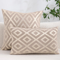 Chenille jacquard polyester pillow covers with taupe diamond lattice, shown in square and lumbar sizes on a sofa