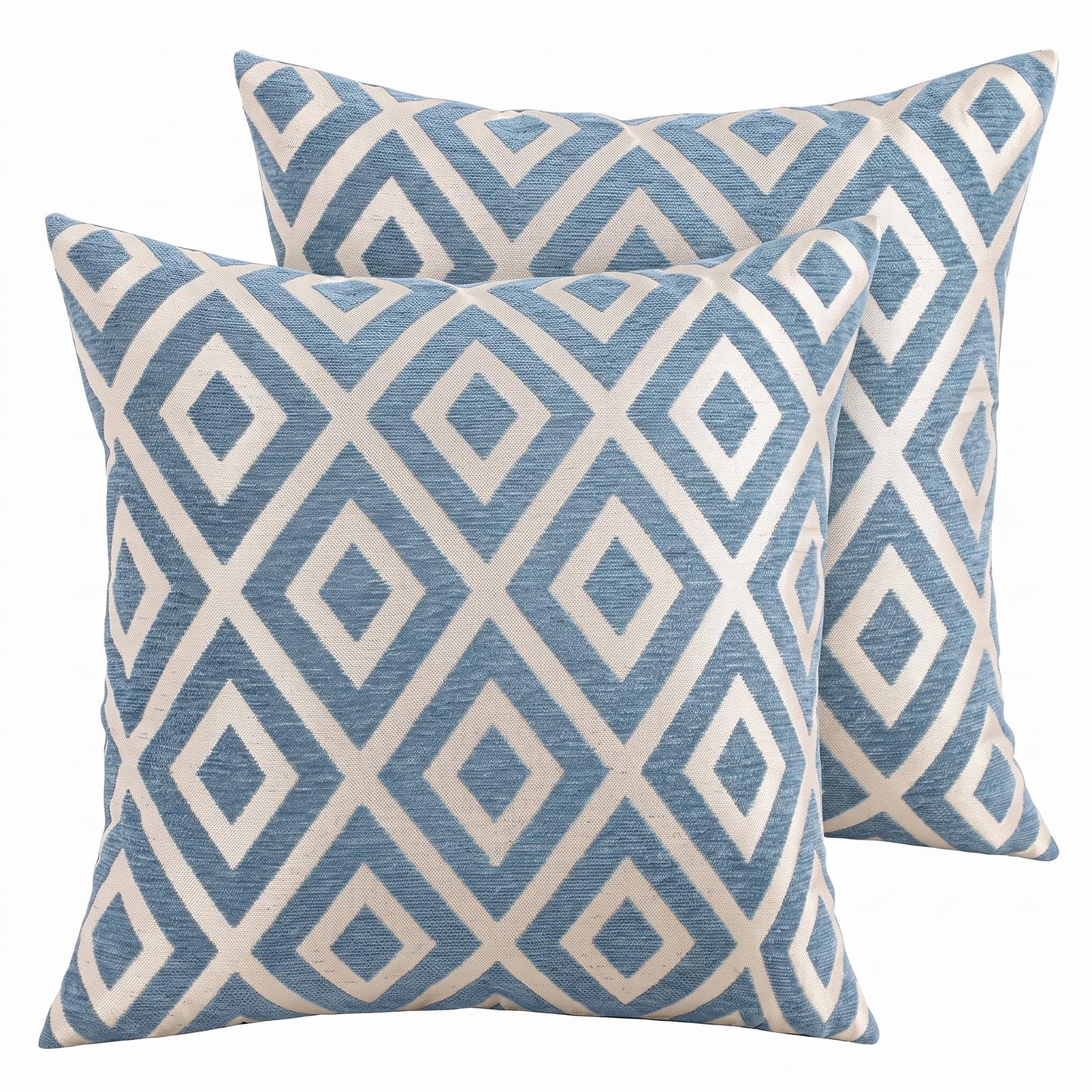 Chenille Jacquard Pillow Covers, Set of 2 — Diamond Blue Ivory