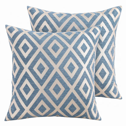 Chenille Jacquard Pillow Covers, Set of 2 — Diamond Blue Ivory