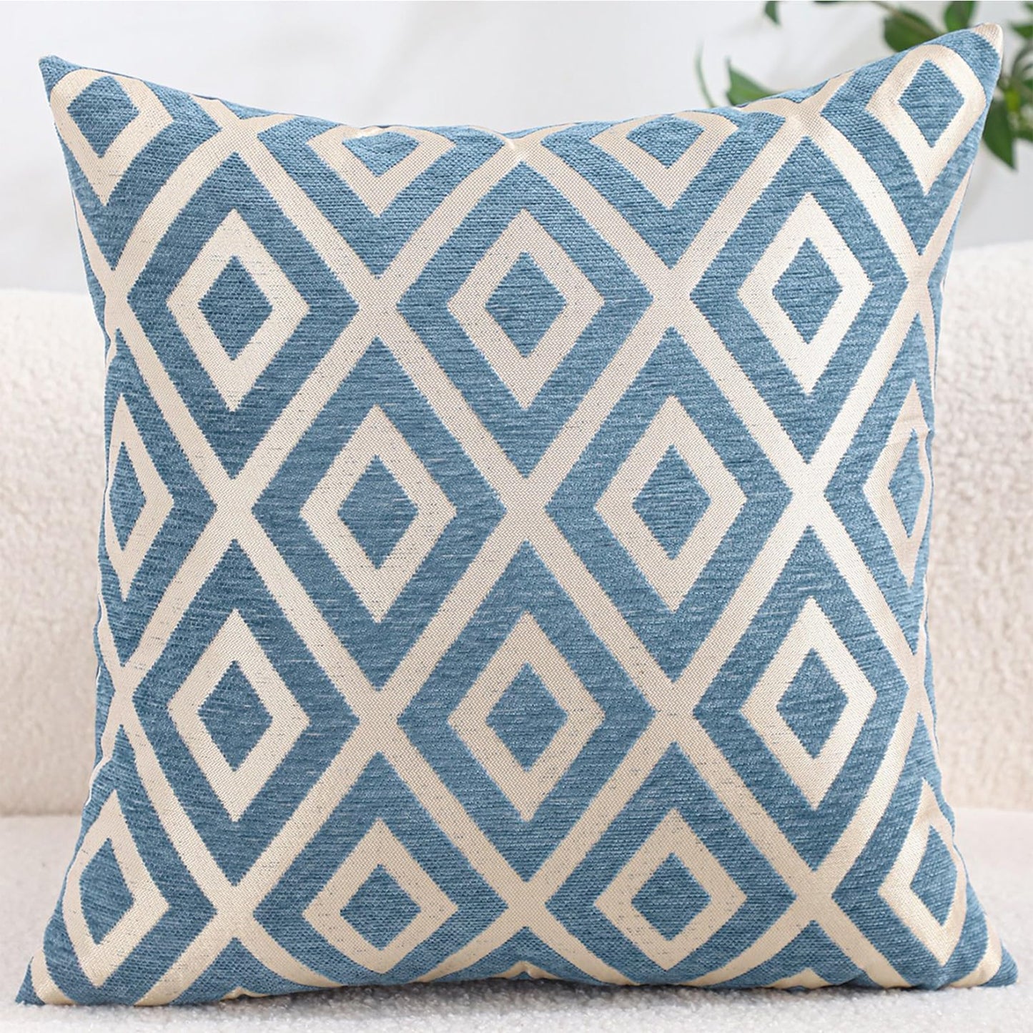 Chenille Jacquard Pillow Covers, Set of 2 — Diamond Blue Ivory