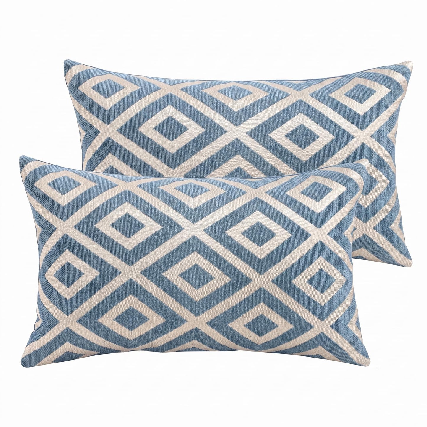 Chenille Jacquard Pillow Covers, Set of 2 — Diamond Blue Ivory