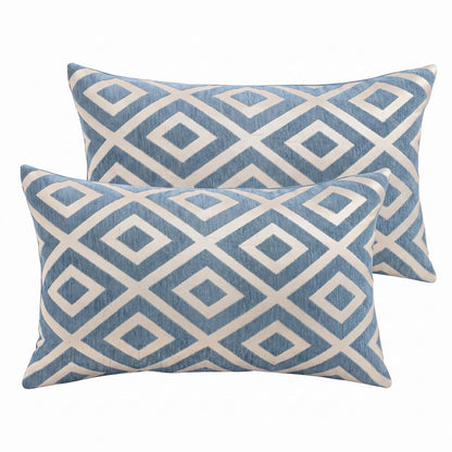 Chenille Jacquard Pillow Covers, Set of 2 — Diamond Blue Ivory