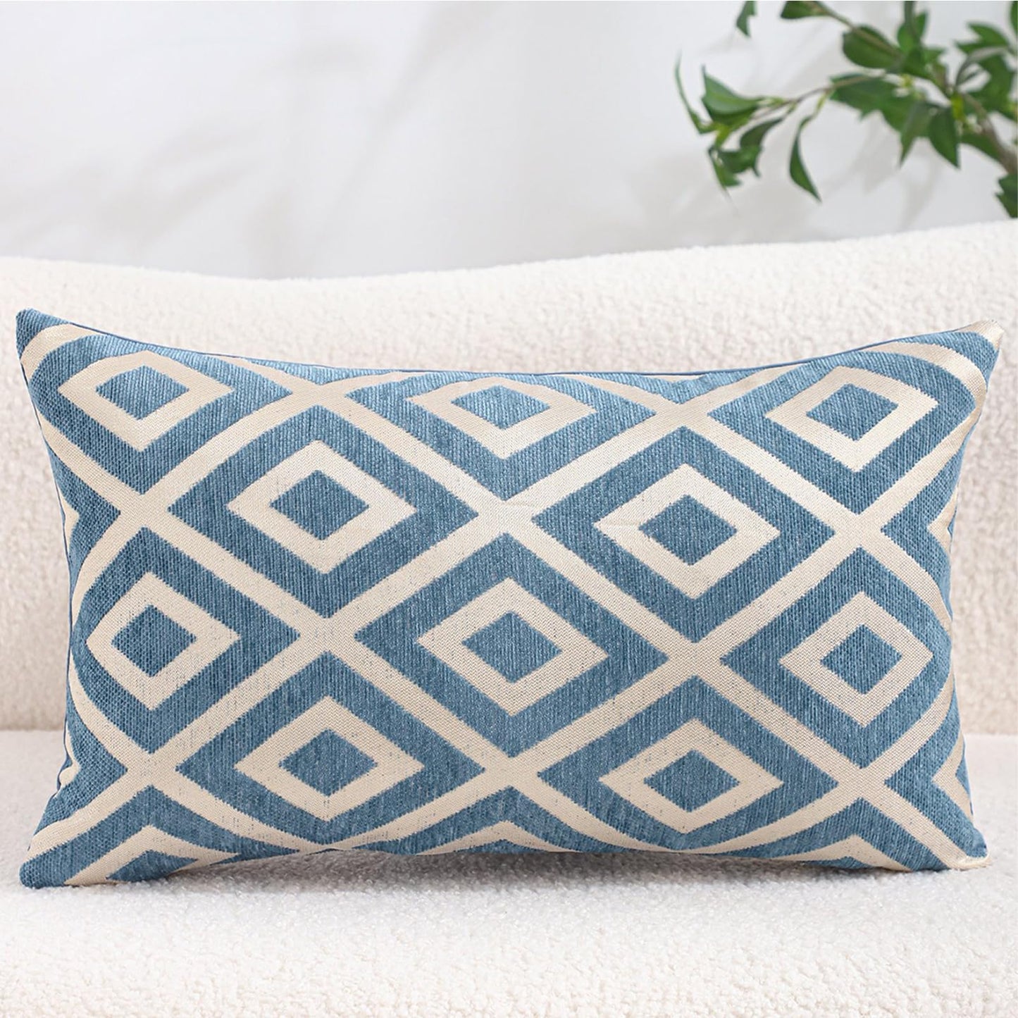 Chenille Jacquard Pillow Covers, Set of 2 — Diamond Blue Ivory