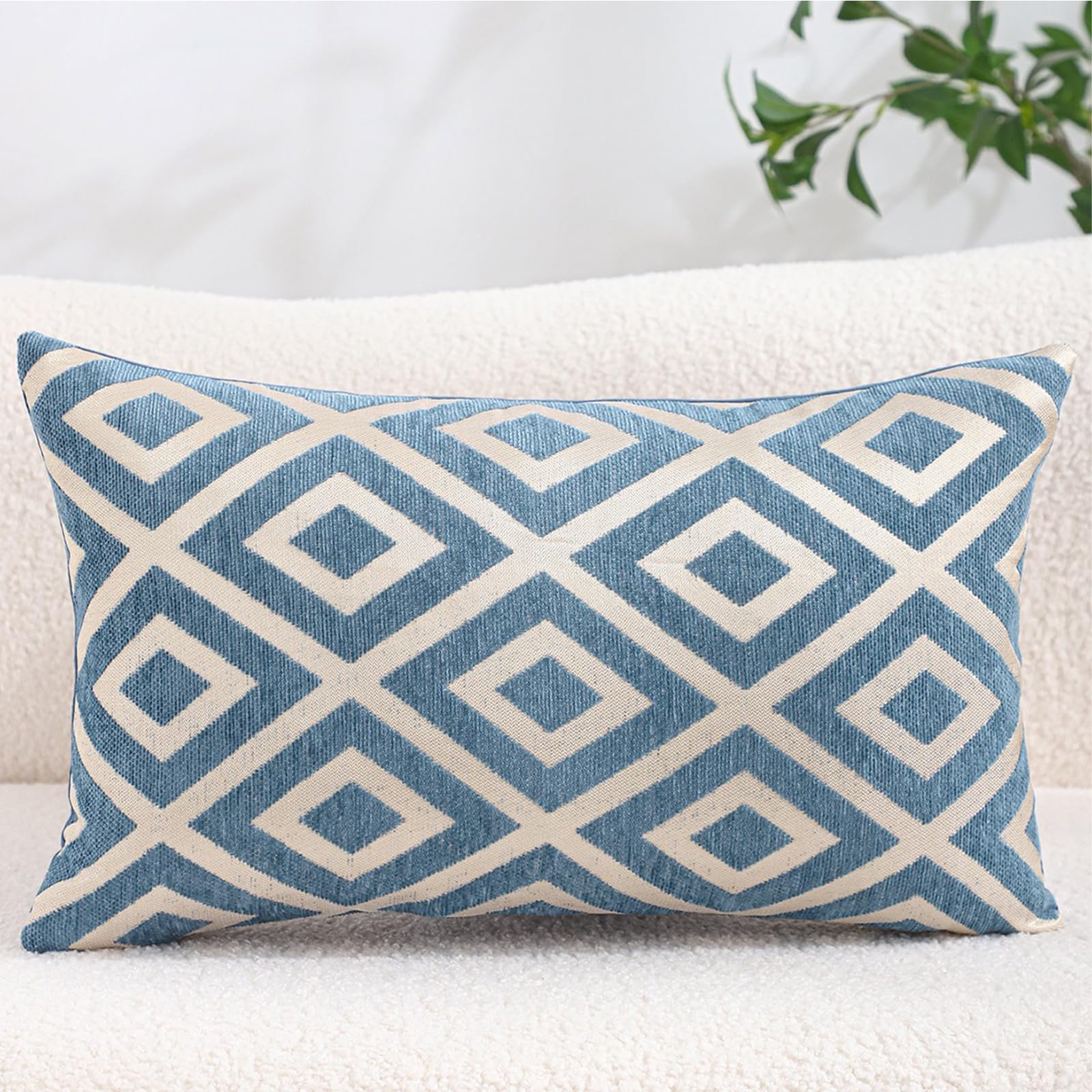 Chenille Jacquard Pillow Covers, Set of 2 — Diamond Blue Ivory