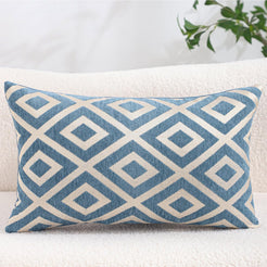 Chenille jacquard polyester pillow covers with blue diamond lattice, shown as a lumbar cover on a neutral sofa