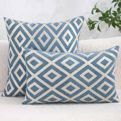 Chenille jacquard polyester pillow covers with blue diamond lattice, shown in square and lumbar sizes on a sofa